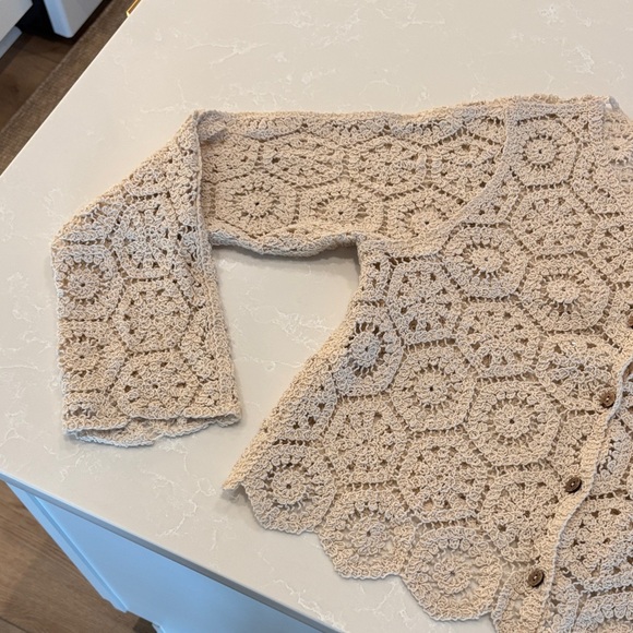 Rebellion Crochet Button-Front Short Sleeve Cardigan - Beige - Picture 3 of 4